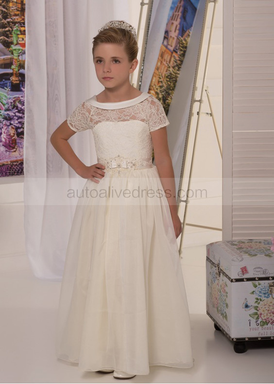 Beige Lace Organza Corset Back Floor Length Flower Girl Dress